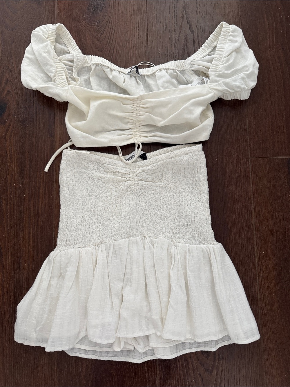 BERSHKA White Two-Piece Smocked Skirt & Crop Top Set